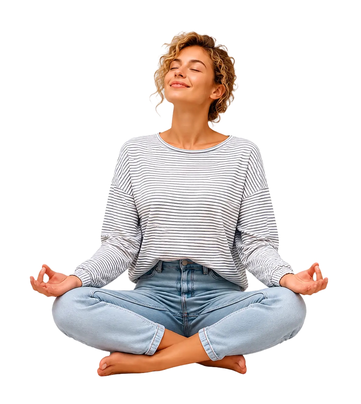Professional sitting in a meditation pose with eyes closed, practicing mindfulness for stress reduction and emotional resilience in an Acceptance and Commitment Therapy (ACT) group.