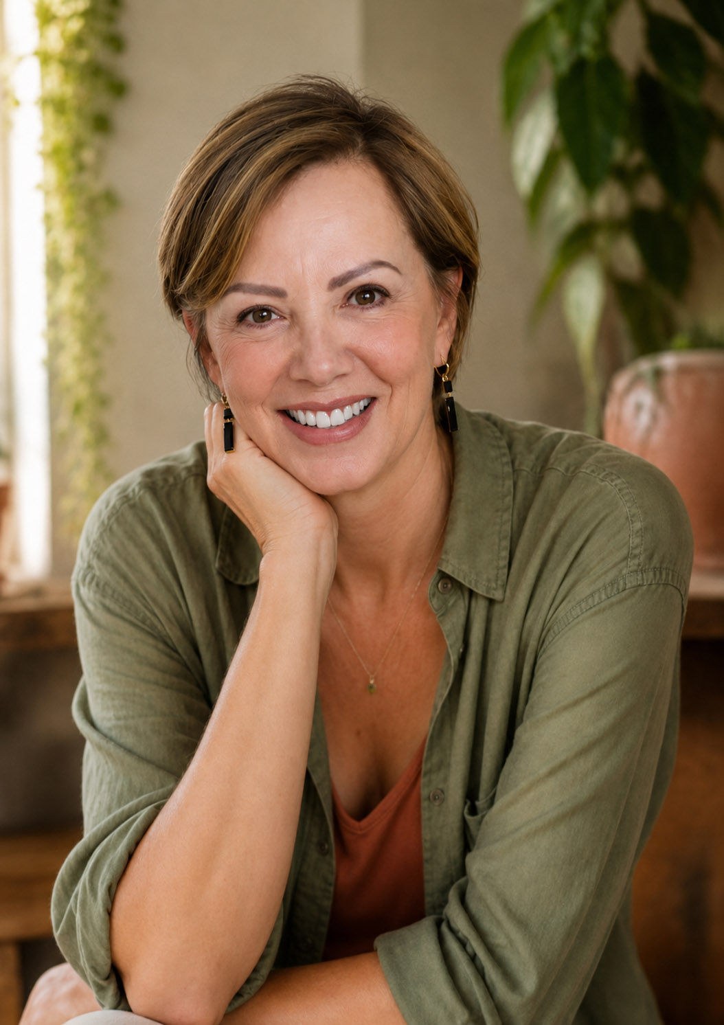 Cristina smiling, resting her chin on her hand, surrounded by plants