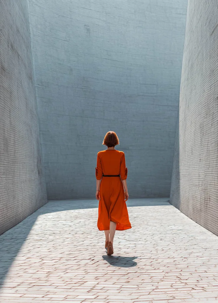 Woman in a red dress walking through a quiet concrete courtyard