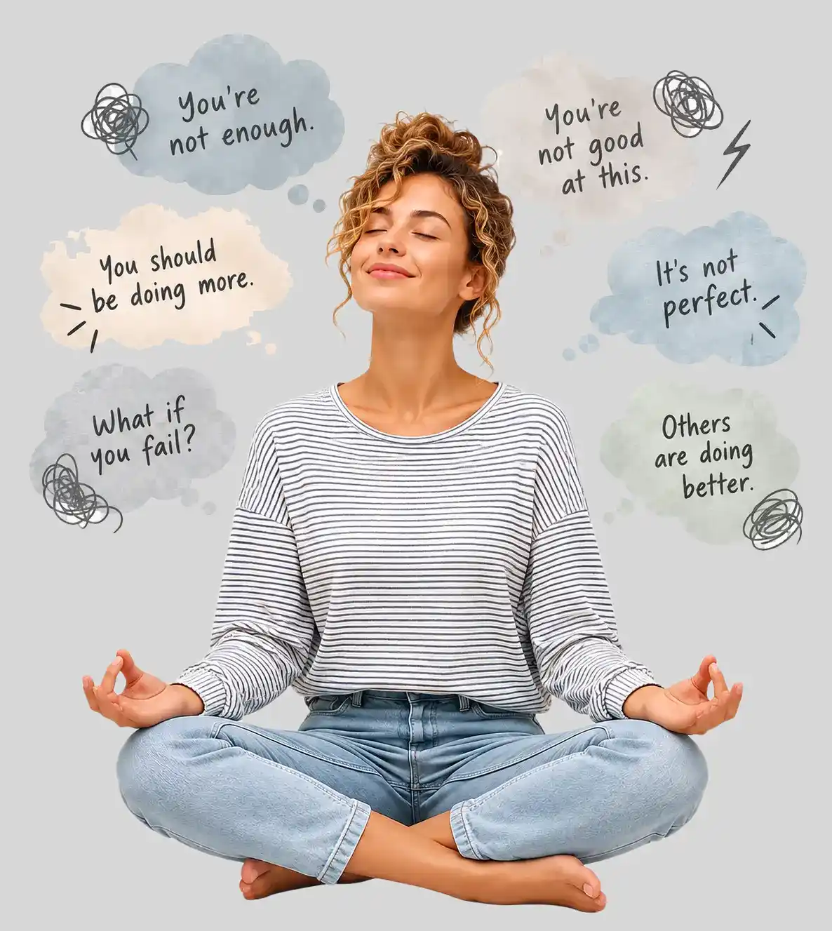 Woman noticing her inner critic and observing difficult thoughts