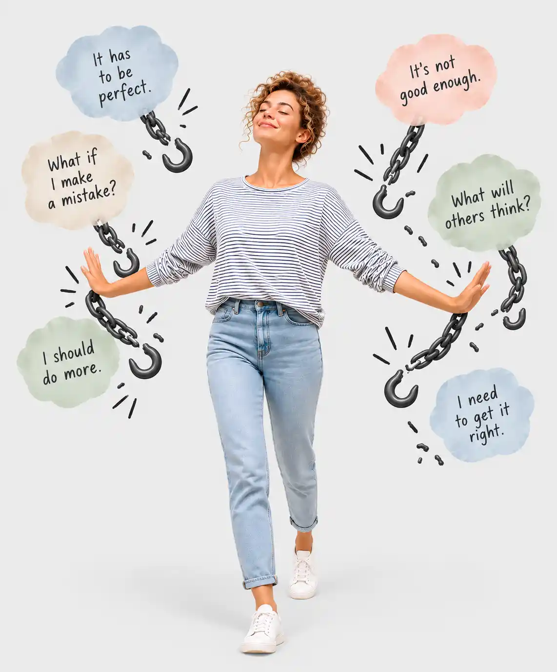 Woman learning to unhook from perfectionistic thoughts